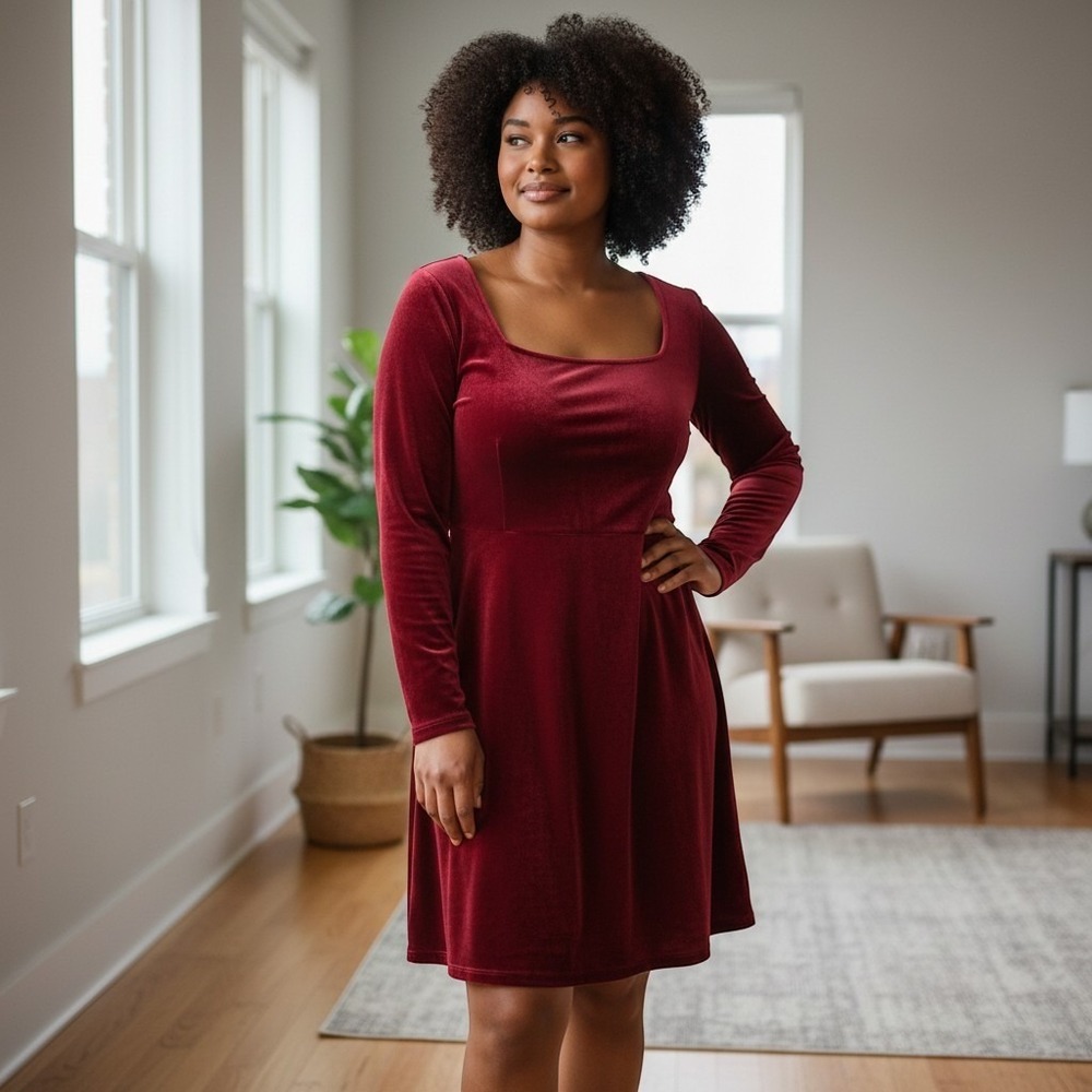 Old Navy Women's 2X Dress Burgundy Velvet Long Sleeve Witchy Goth Holiday NWT